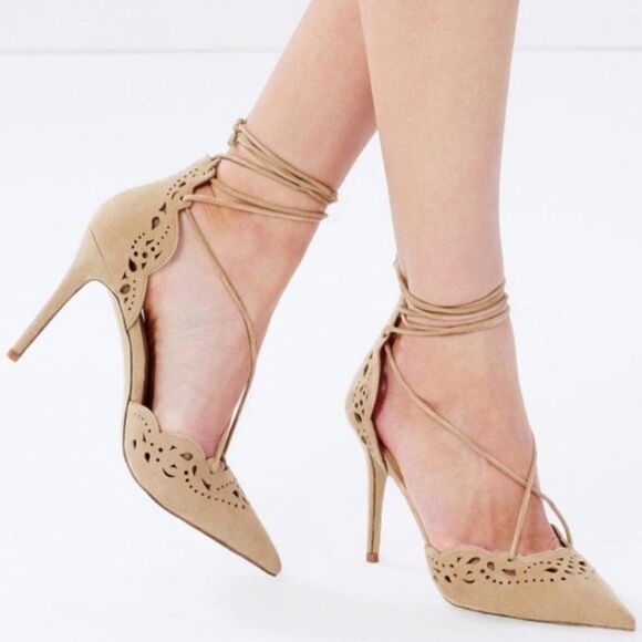 Aldo Antoinette Suede Eyelet Strappy Pumps Heel Nude 7.5 - Picture 1 of 4